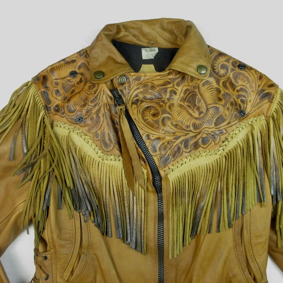 VTG 70's Leather Fringe Motorcycle Jacket Sz Small - Picture 4 of 15